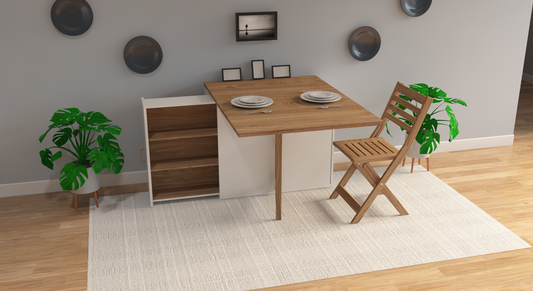 Space Saving 2 Seater Dining Table with Set of Chairs | Off White And Wood Finish