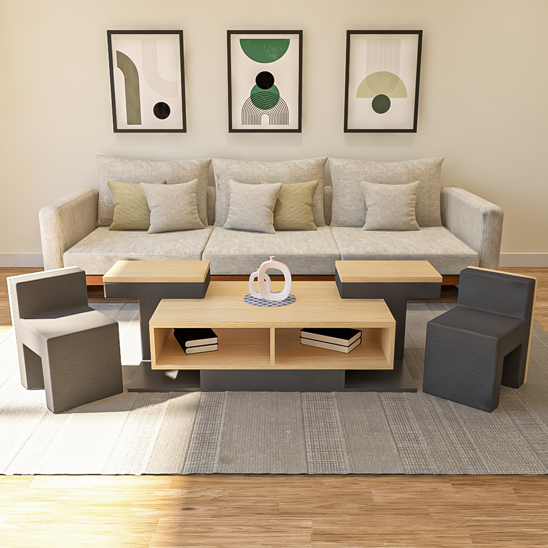 Puzzle Perch Space- Saving Coffee Table with 4 Tuck- Away Ottoman Stools