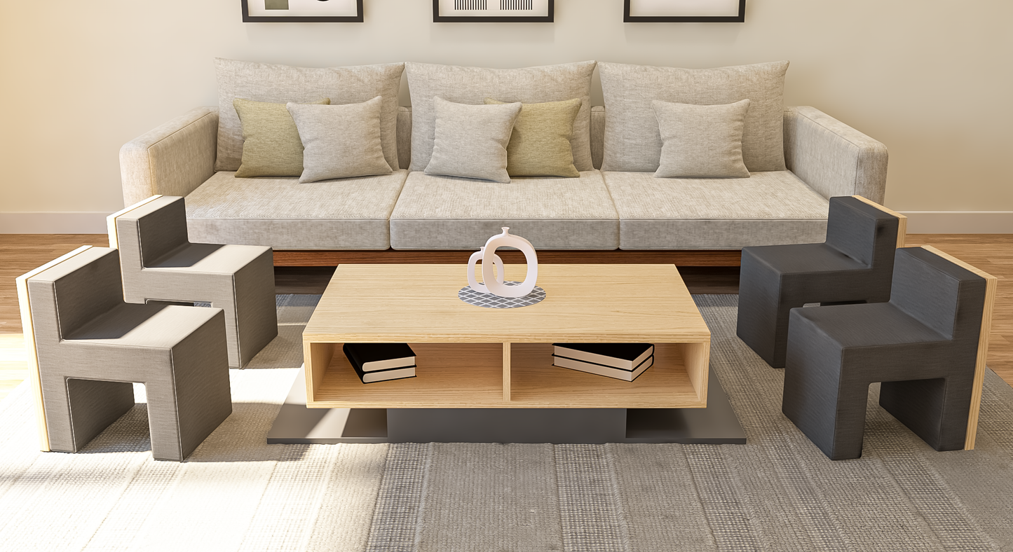 Puzzle Perch Space- Saving Coffee Table with 4 Tuck- Away Ottoman Stools